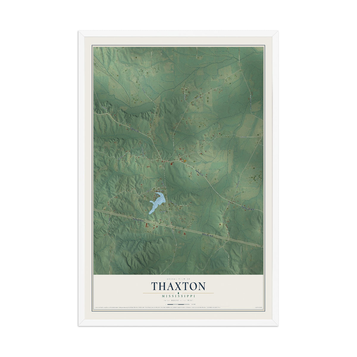 Map of Thaxton, Mississippi, 12 x 18 inch print in a white wood frame