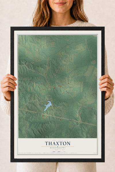 Map of Thaxton, Mississippi, 18 x 24 inch print in a black wood frame