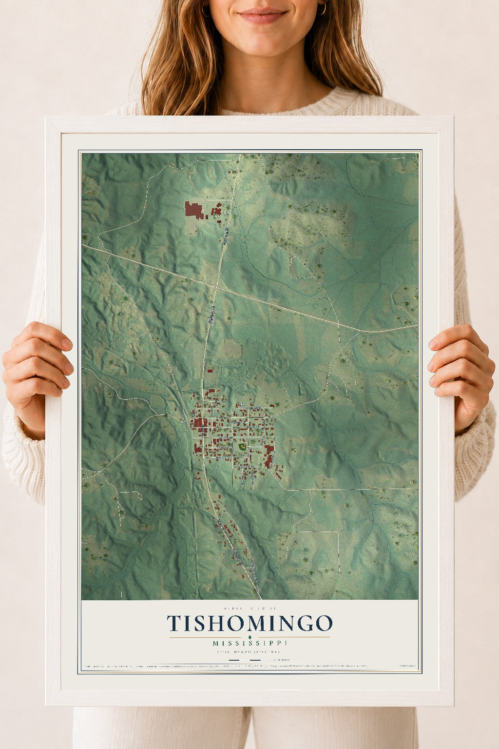 Map of Tishomingo, Mississippi, 18 x 24 inch print in a white wood frame