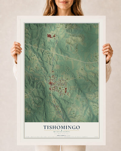 Map of Tishomingo, Mississippi, 24 x 36 inch print in a white wood frame