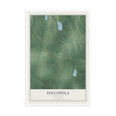 Map of Toccopola, Mississippi, 12 x 18 inch print in a white wood frame