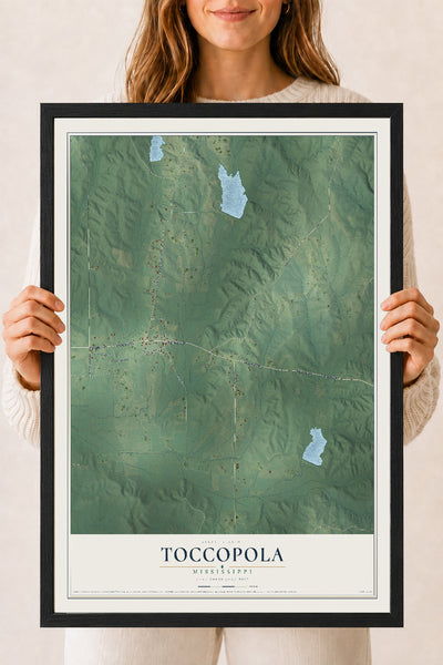 Map of Toccopola, Mississippi, 18 x 24 inch print in a black wood frame