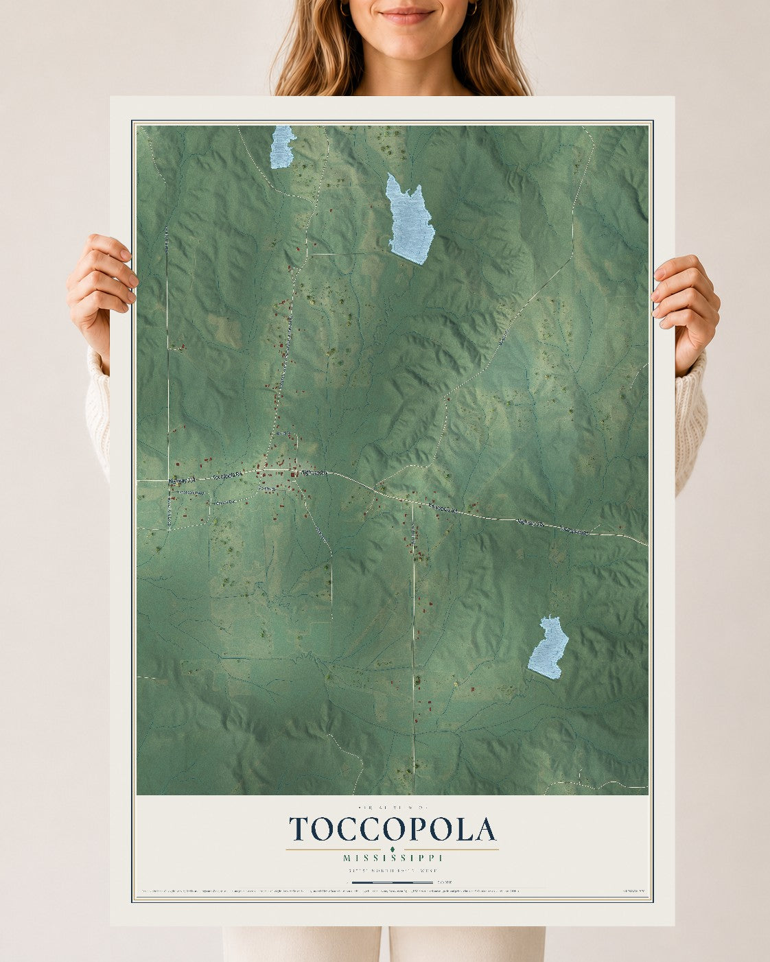 Map of Toccopola, Mississippi, 24 x 36 inch unframed archival matte print