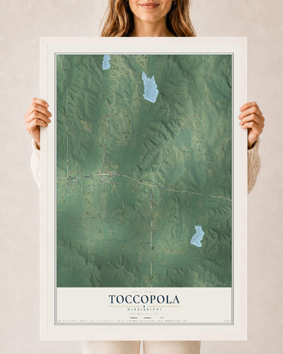 Map of Toccopola, Mississippi, 24 x 36 inch print in a white wood frame