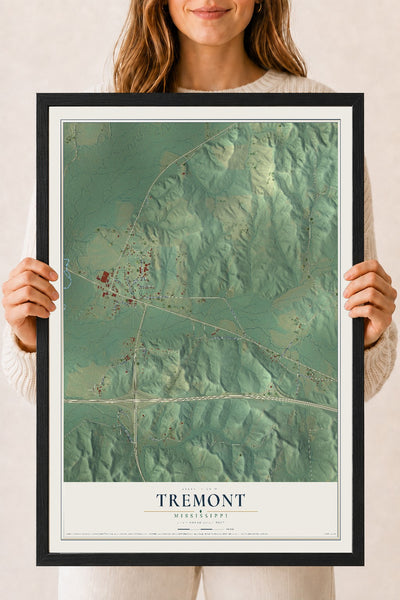 Map of Tremont, Mississippi, 18 x 24 inch print in a black wood frame