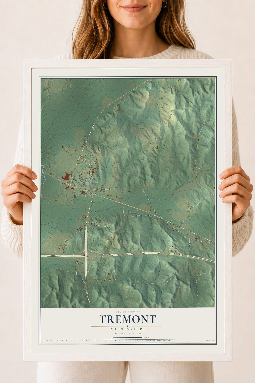 Map of Tremont, Mississippi, 18 x 24 inch print in a white wood frame