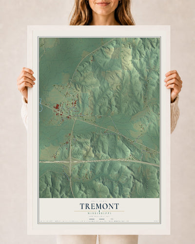Map of Tremont, Mississippi, 24 x 36 inch print in a white wood frame