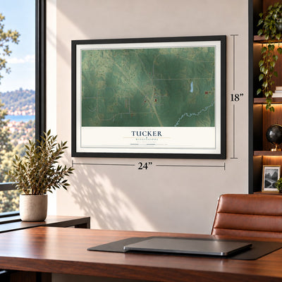 Tucker, Mississippi map, 18 x 24 inch print in a black frame in a home office