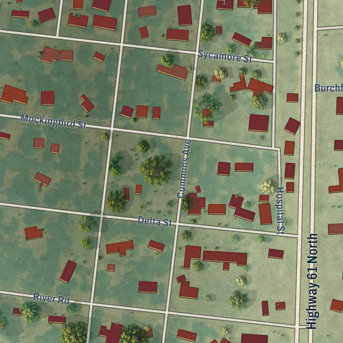 Second close-up of the map of Tunica, Mississippi print showing more streets and buildings