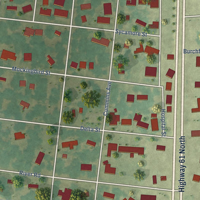 Second close-up of the map of Tunica, Mississippi print showing more streets and buildings