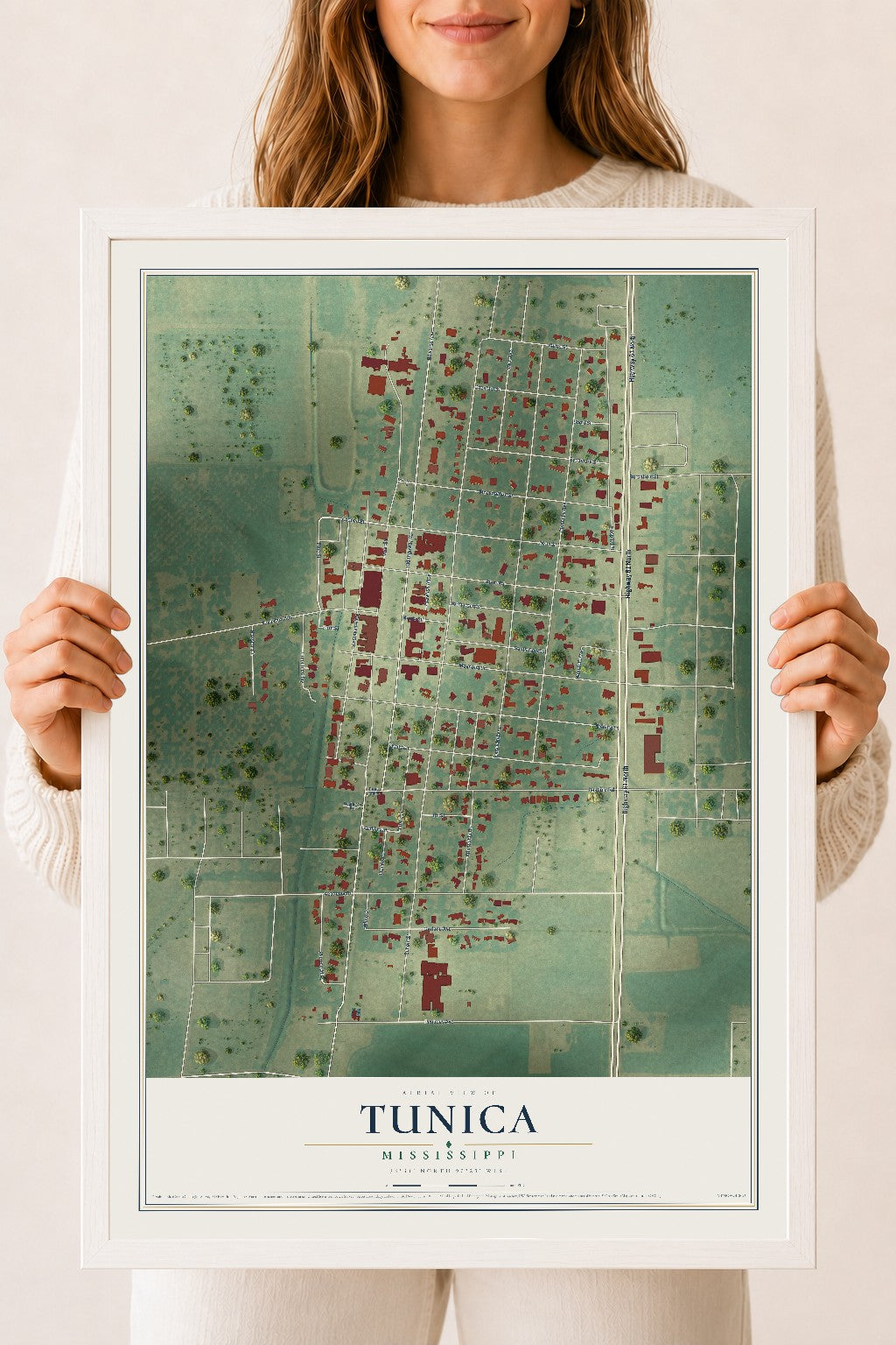Map of Tunica, Mississippi, 18 x 24 inch print in a white wood frame