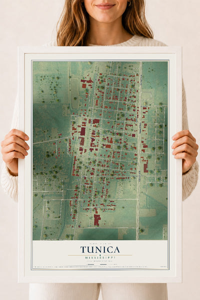 Map of Tunica, Mississippi, 18 x 24 inch print in a white wood frame