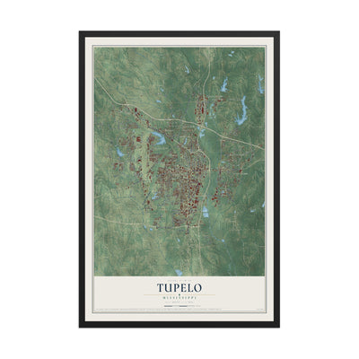 Map of Tupelo, Mississippi, 12 x 18 inch print in a black wood frame