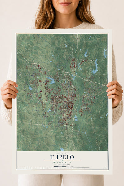Map of Tupelo, Mississippi, 18 x 24 inch unframed archival matte print