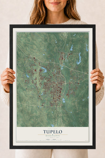Map of Tupelo, Mississippi, 18 x 24 inch print in a black wood frame