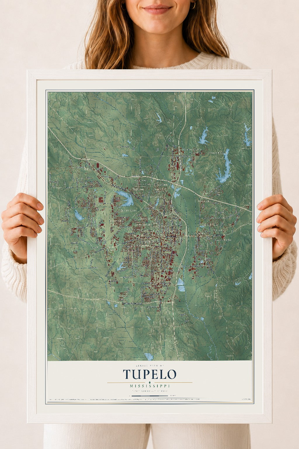 Map of Tupelo, Mississippi, 18 x 24 inch print in a white wood frame