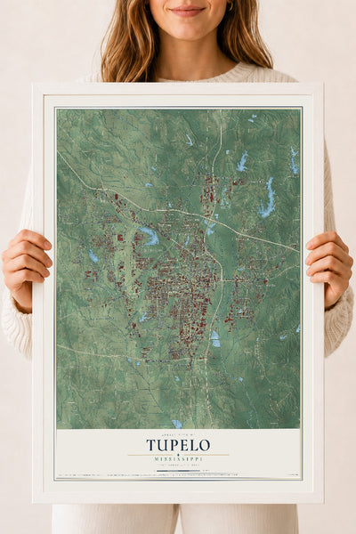 Map of Tupelo, Mississippi, 18 x 24 inch print in a white wood frame