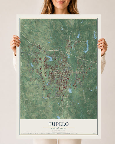 Map of Tupelo, Mississippi, 24 x 36 inch unframed archival matte print