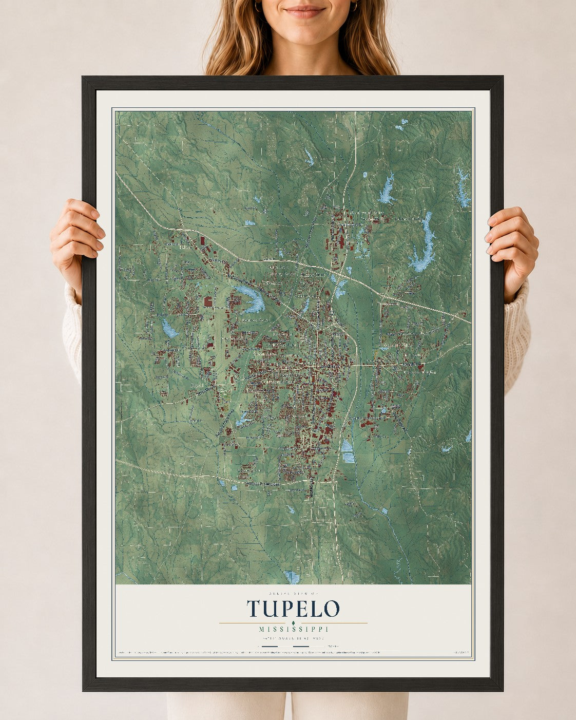 Map of Tupelo, Mississippi, 24 x 36 inch print in a black wood frame
