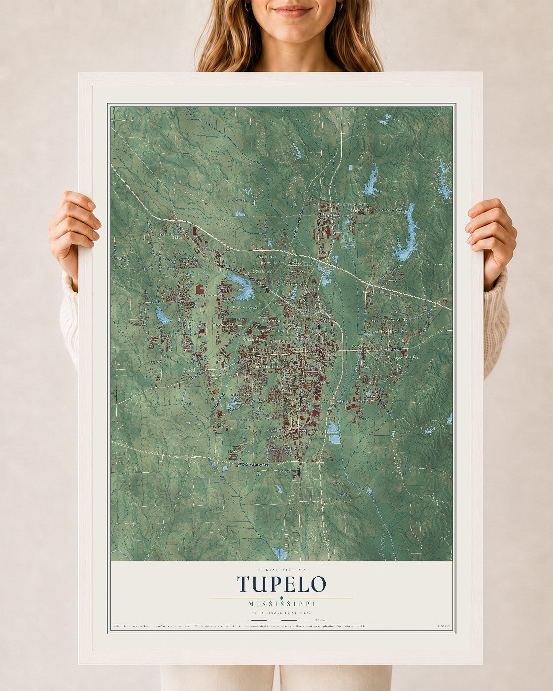 Map of Tupelo, Mississippi, 24 x 36 inch print in a white wood frame