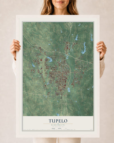 Map of Tupelo, Mississippi, 24 x 36 inch print in a white wood frame