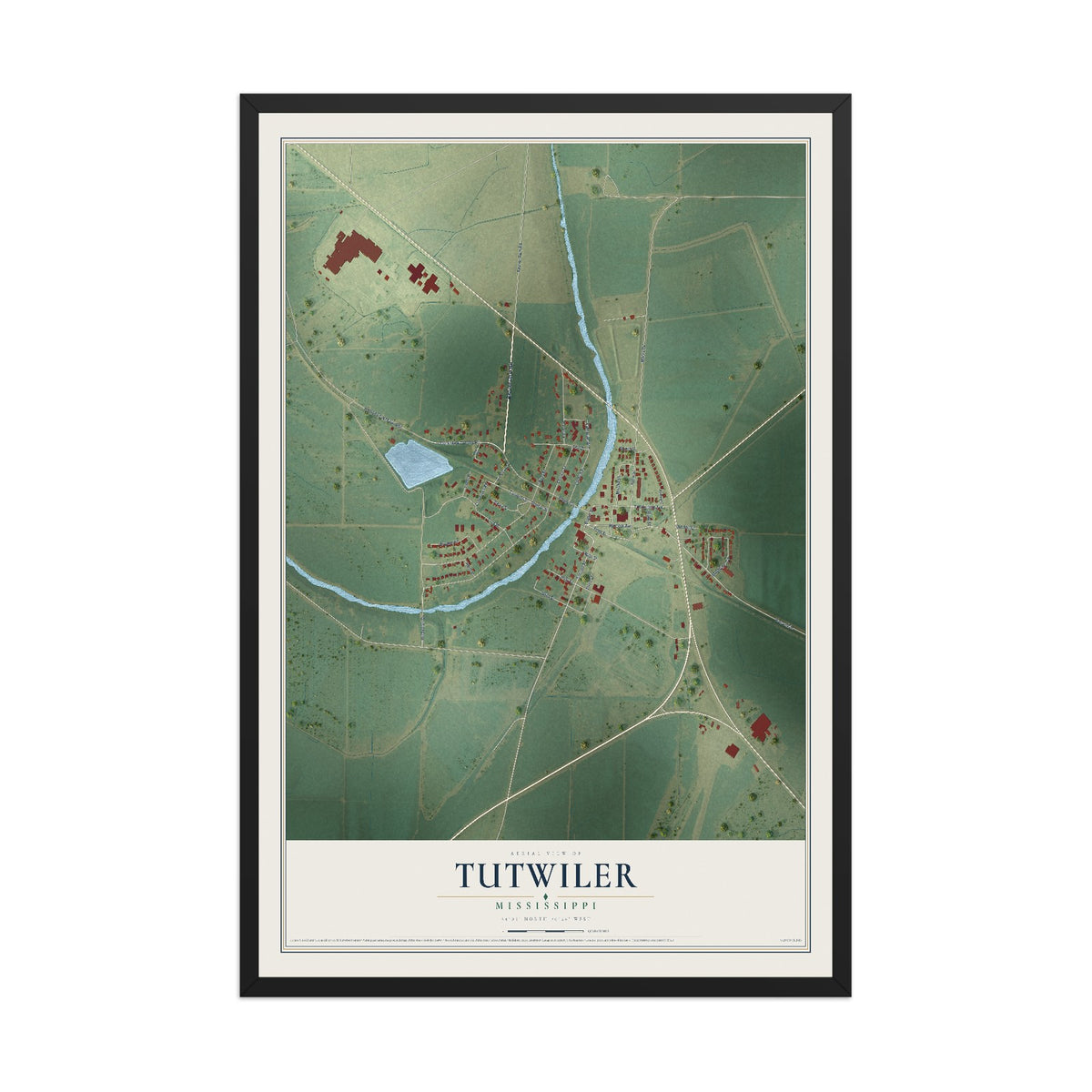 Map of Tutwiler, Mississippi, 12 x 18 inch print in a black wood frame