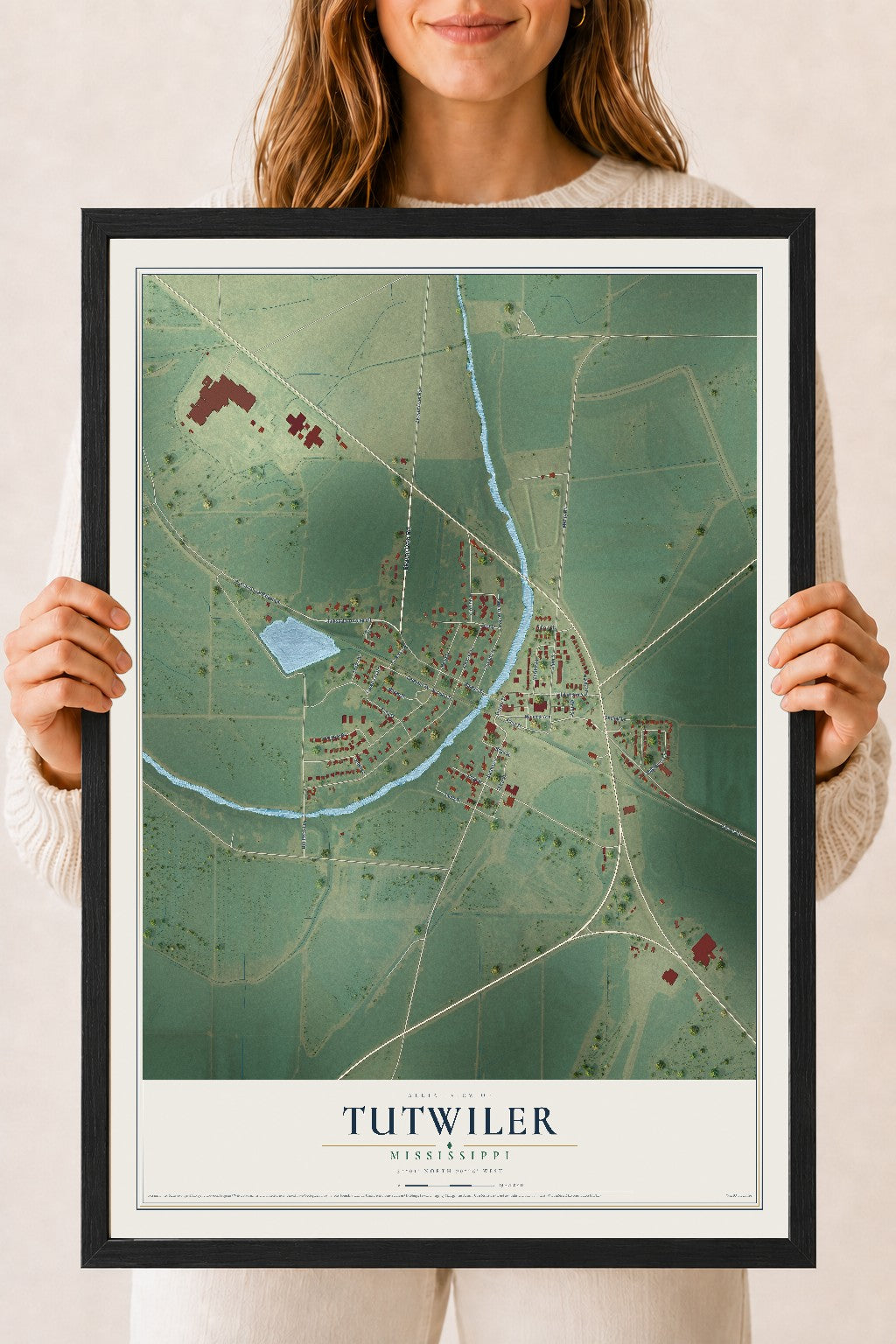 Map of Tutwiler, Mississippi, 18 x 24 inch print in a black wood frame