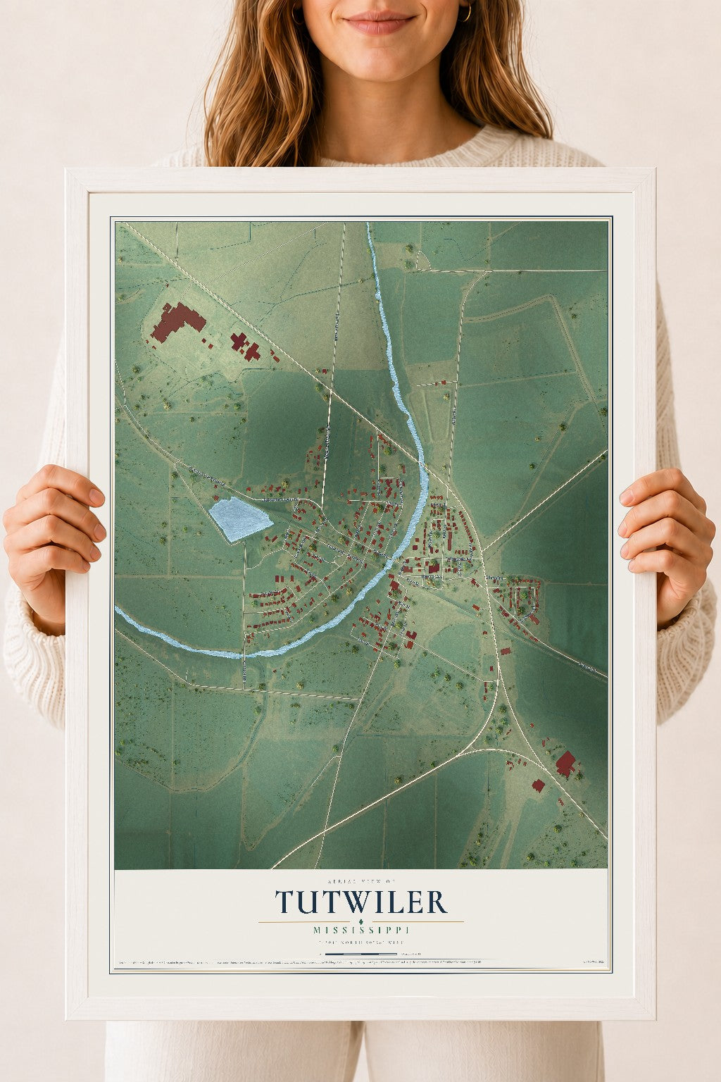 Map of Tutwiler, Mississippi, 18 x 24 inch print in a white wood frame