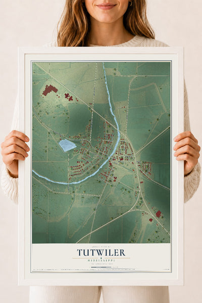Map of Tutwiler, Mississippi, 18 x 24 inch print in a white wood frame