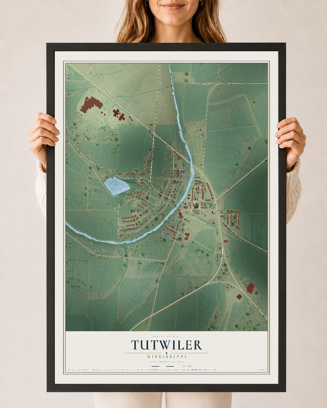 Map of Tutwiler, Mississippi, 24 x 36 inch print in a black wood frame