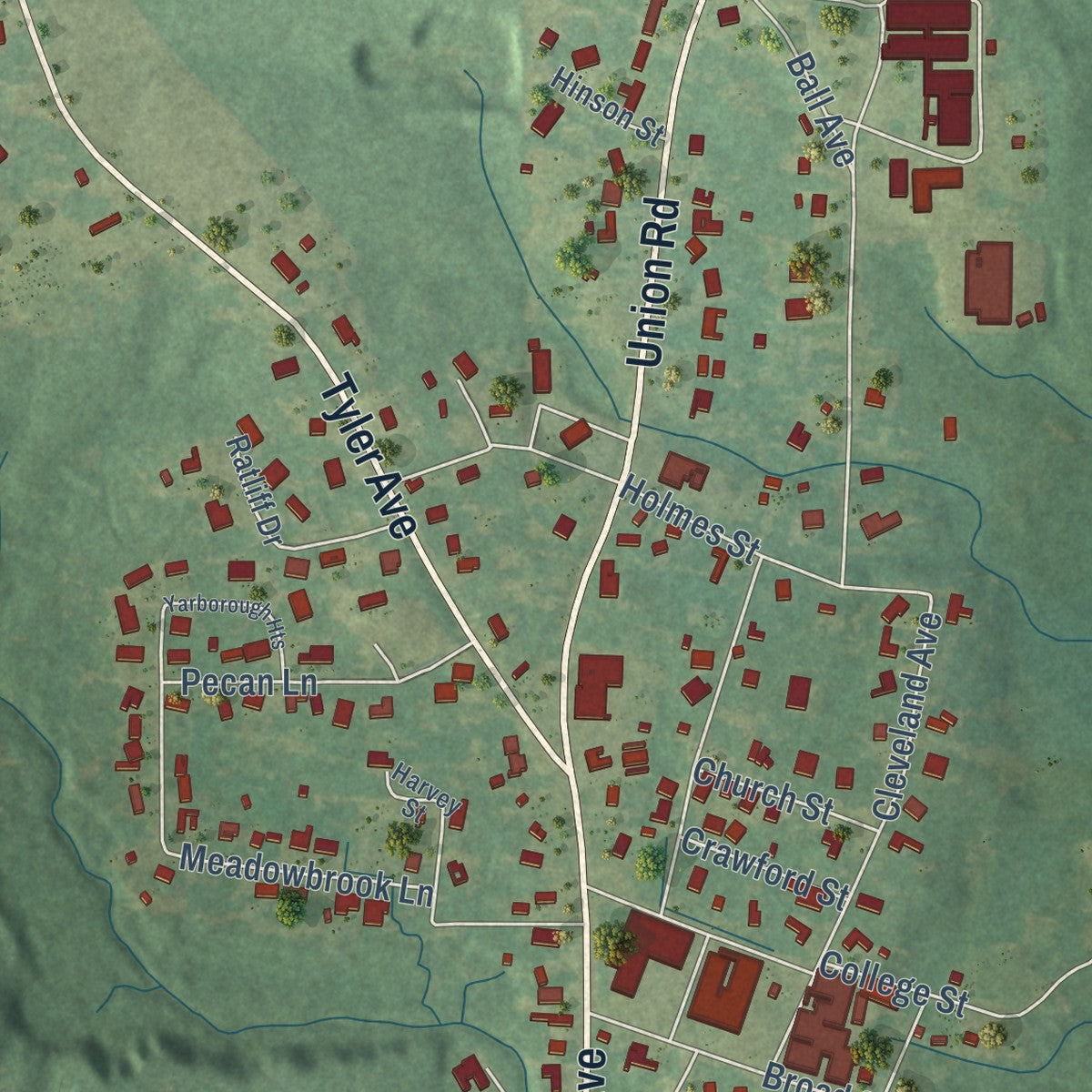 Second close-up of the map of Tylertown, Mississippi print showing more streets and buildings