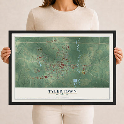 Map of Tylertown, Mississippi, 12 x 18 inch print in a black wood frame
