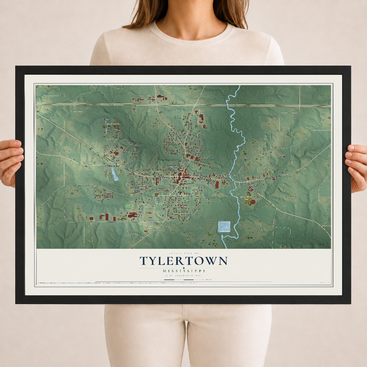 Map of Tylertown, Mississippi, 18 x 24 inch print in a black wood frame