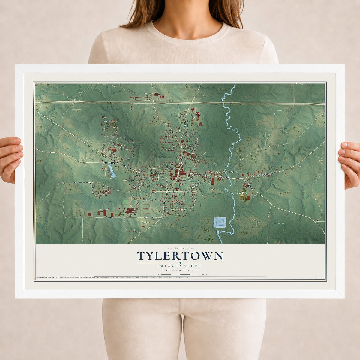 Map of Tylertown, Mississippi, 18 x 24 inch print in a white wood frame