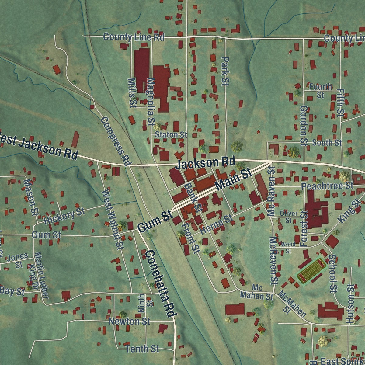 Close-up of the map of Union, Mississippi print showing street and building detail