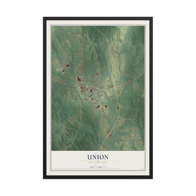 Map of Union, Mississippi, 12 x 18 inch print in a black wood frame