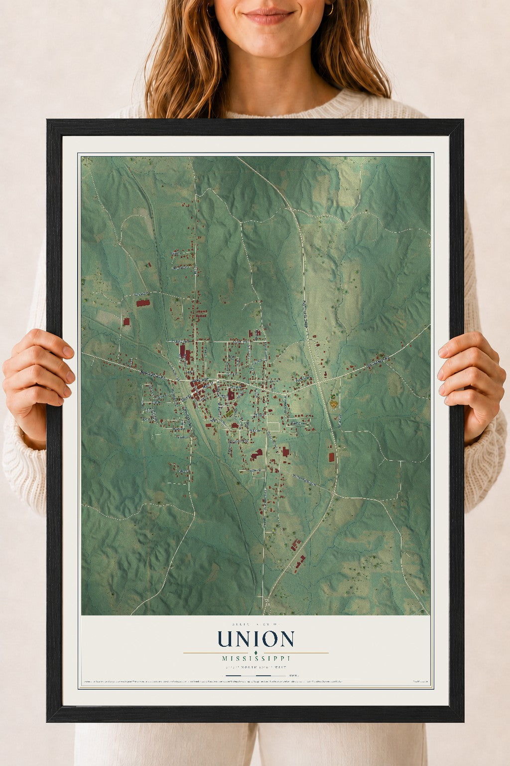 Map of Union, Mississippi, 18 x 24 inch print in a black wood frame