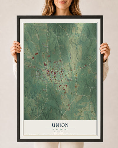 Map of Union, Mississippi, 24 x 36 inch print in a black wood frame