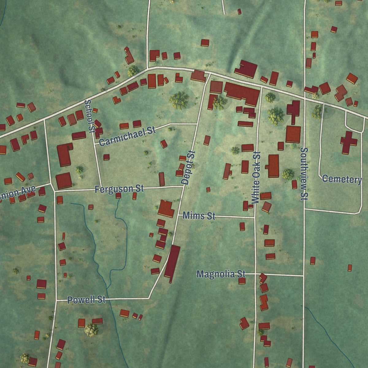 Close-up of the map of Utica, Mississippi print showing street and building detail