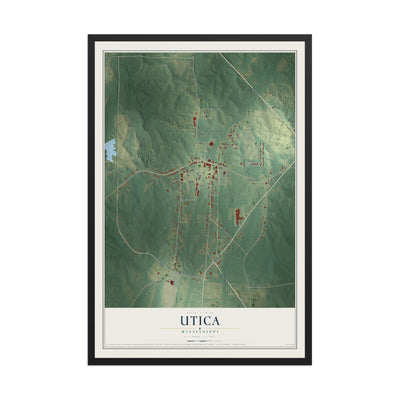 Map of Utica, Mississippi, 12 x 18 inch print in a black wood frame