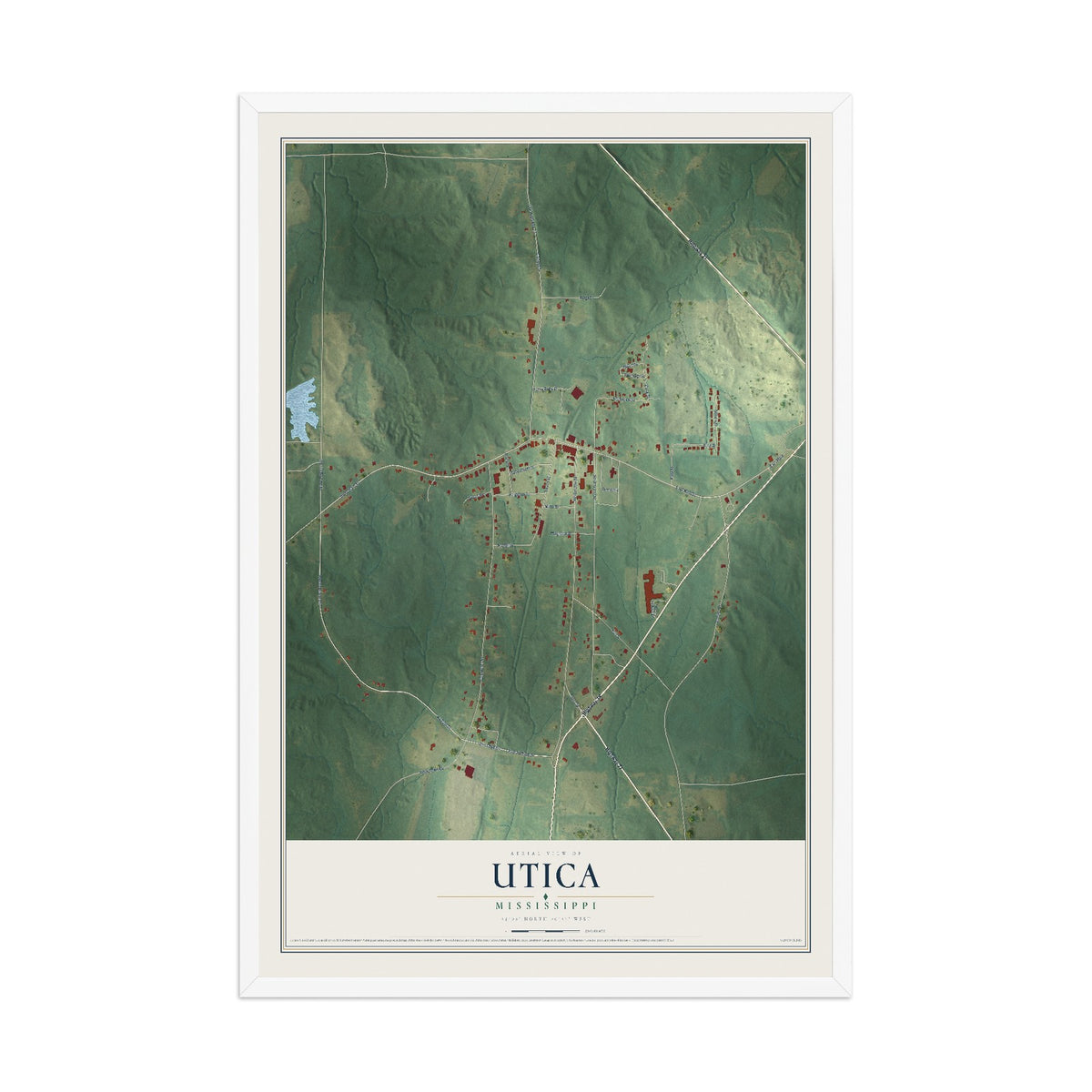 Map of Utica, Mississippi, 12 x 18 inch print in a white wood frame