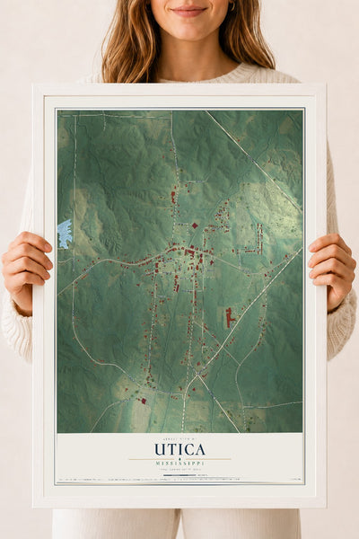 Map of Utica, Mississippi, 18 x 24 inch print in a white wood frame