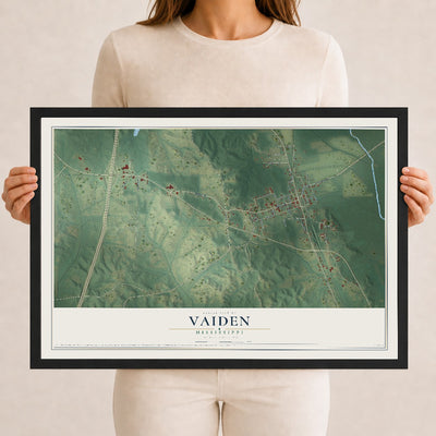 Map of Vaiden, Mississippi, 12 x 18 inch print in a black wood frame