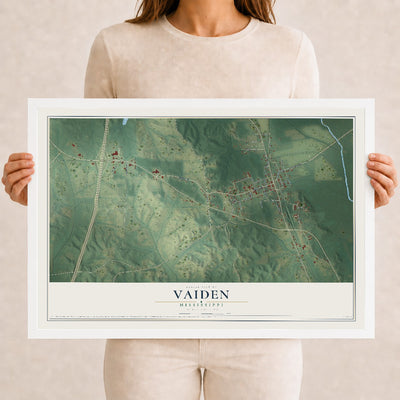 Map of Vaiden, Mississippi, 12 x 18 inch print in a white wood frame