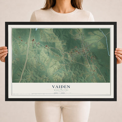 Map of Vaiden, Mississippi, 18 x 24 inch print in a black wood frame