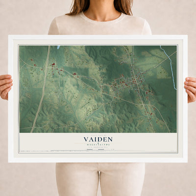 Map of Vaiden, Mississippi, 18 x 24 inch print in a white wood frame