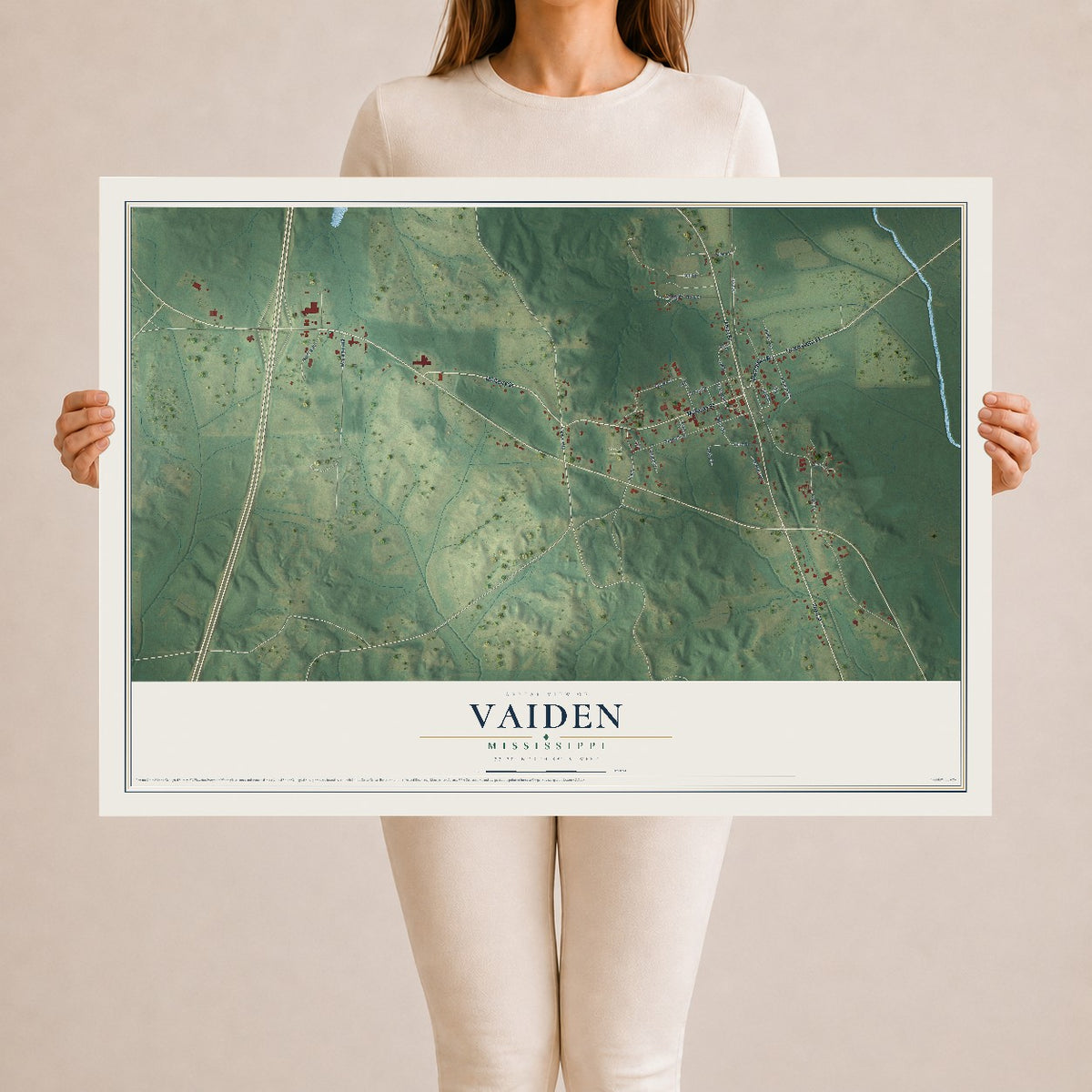 Map of Vaiden, Mississippi, 24 x 36 inch unframed archival matte print