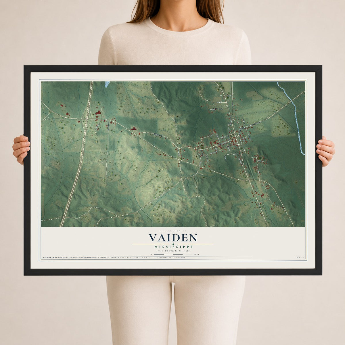 Map of Vaiden, Mississippi, 24 x 36 inch print in a black wood frame