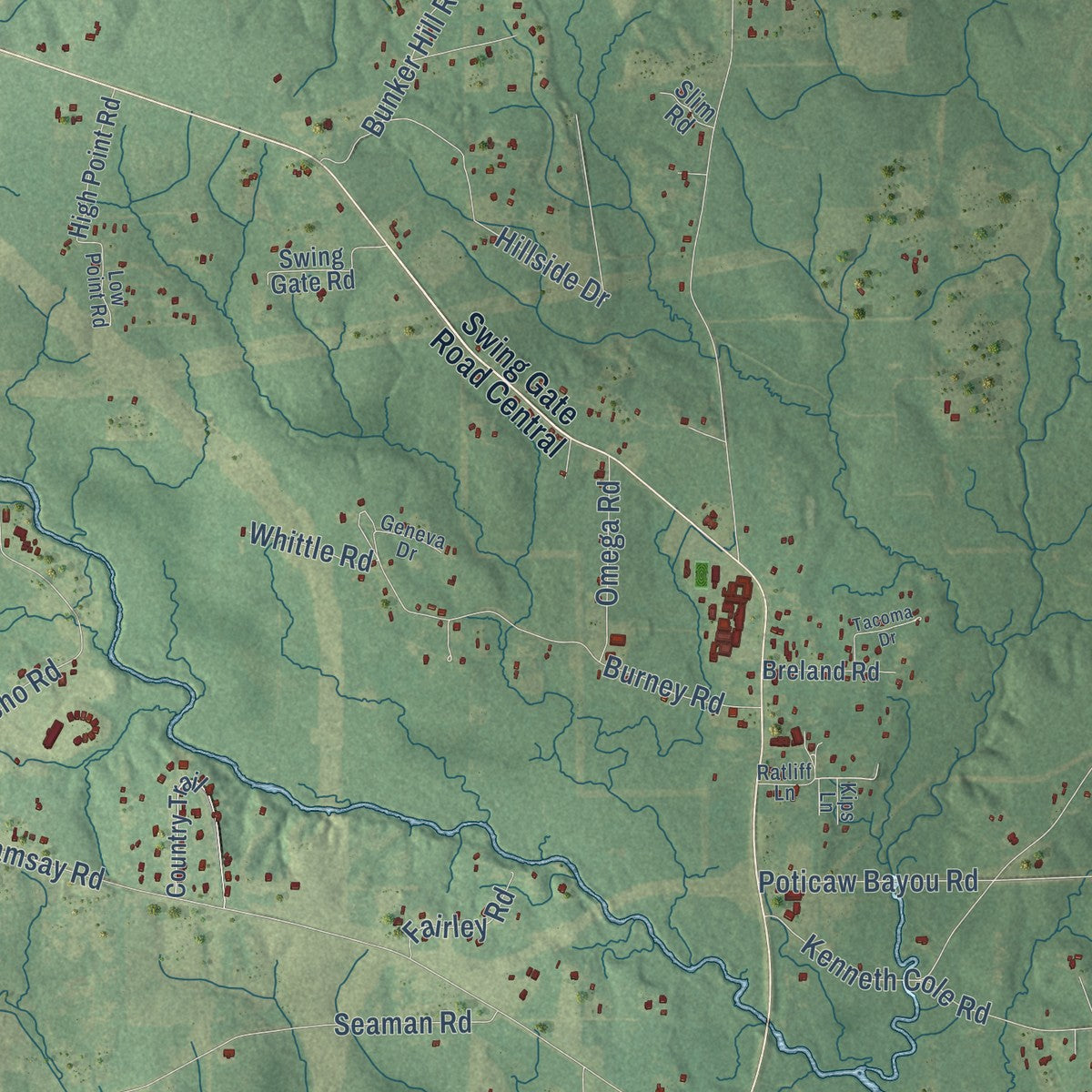 Close-up of the map of Vancleave, Mississippi print showing street and building detail
