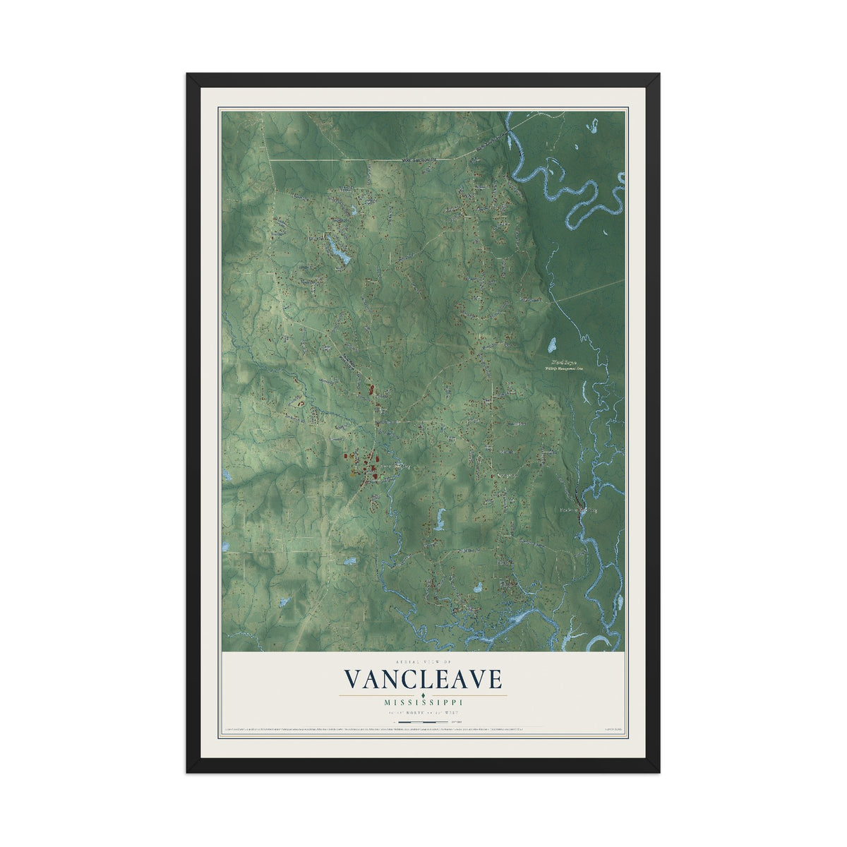 Map of Vancleave, Mississippi, 12 x 18 inch print in a black wood frame